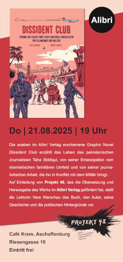 Flyer für die Präsentation von Dissident Club in Aschaffenburg, 21.8.2025
